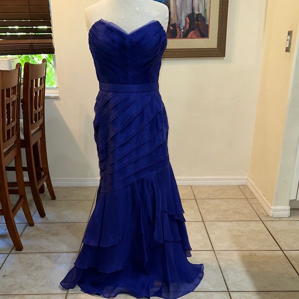 Theia Strapless Royal Blue Layered Chiffon Gown